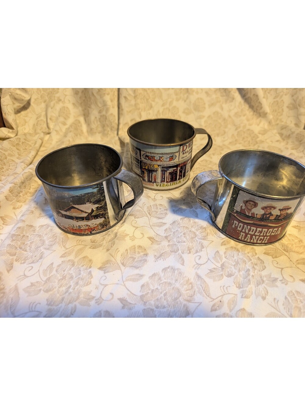 Set of 3 Vintage Western Souvenir Metal Mugs with Scenic Prints